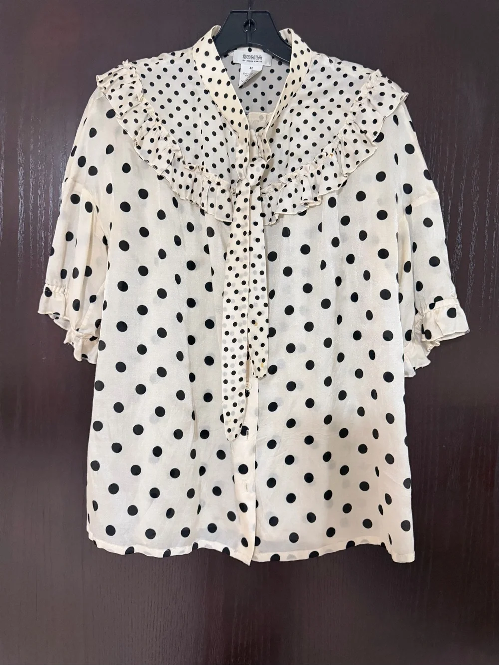 Sonia Rykiel Cream Blouse with Black Polka Dots and Ruffle Tie Collar